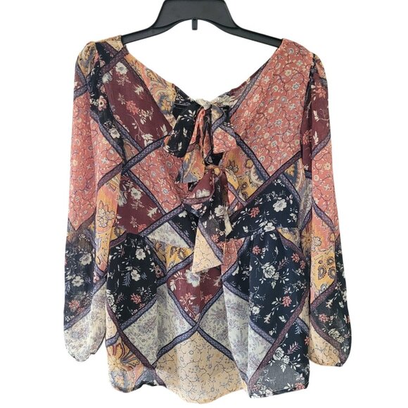 American Eagle Patchwork Boho Blouse Top Womens Size XS Tie Back Keyhole Y2K - Picture 2 of 10